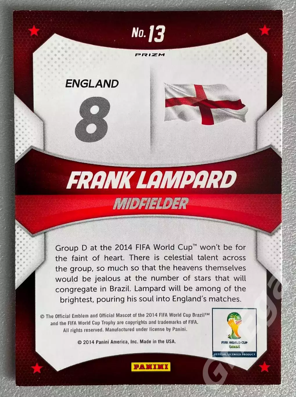 Футбол карточка #13 Frank Lampard/Фрэнк Лэмпард (England/Англия) Prizm ЧМ 2014 1