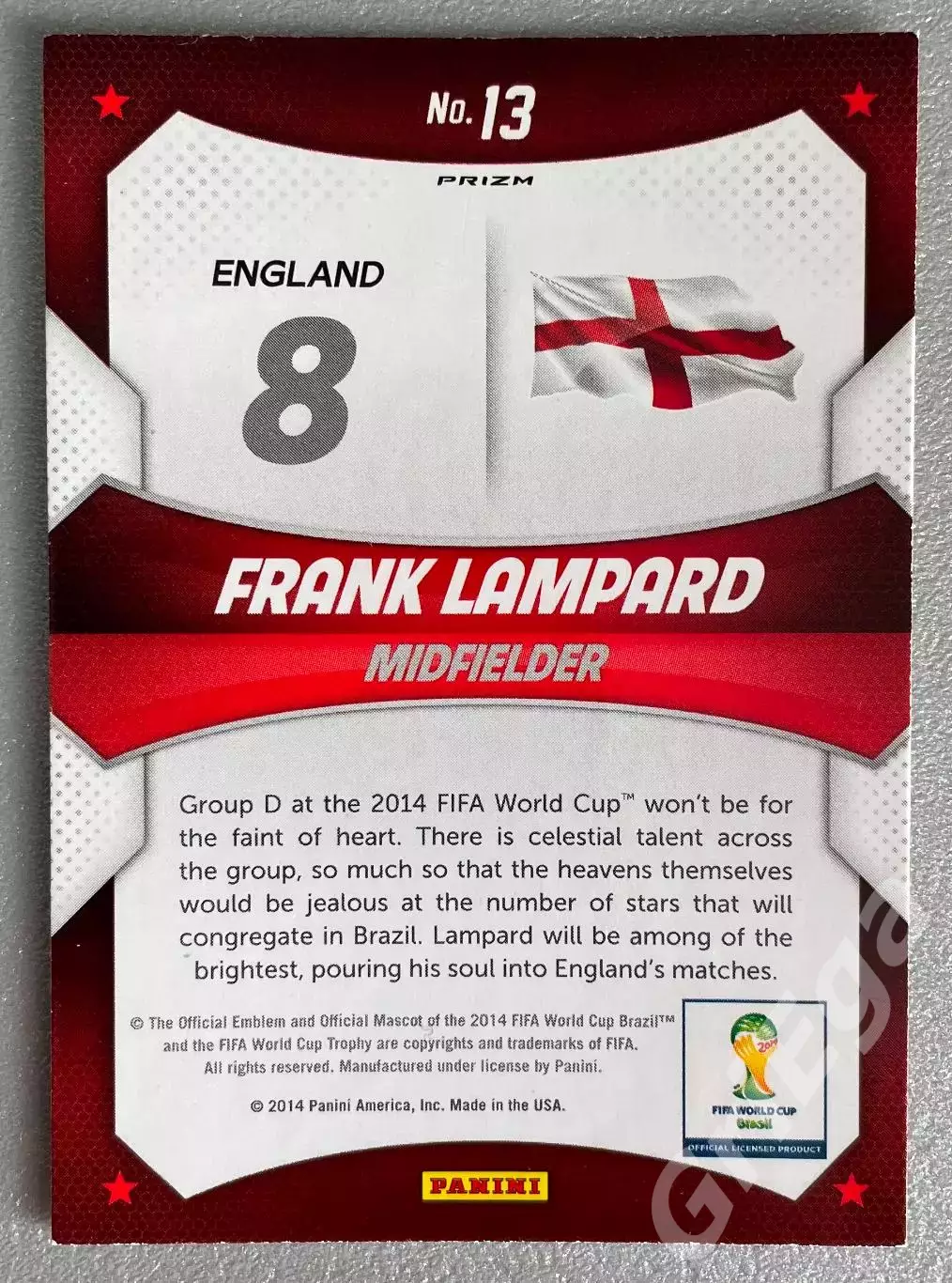 Футбол карточка #13 Frank Lampard/Фрэнк Лэмпард (England/Англия) PANINI ЧМ 2014 1