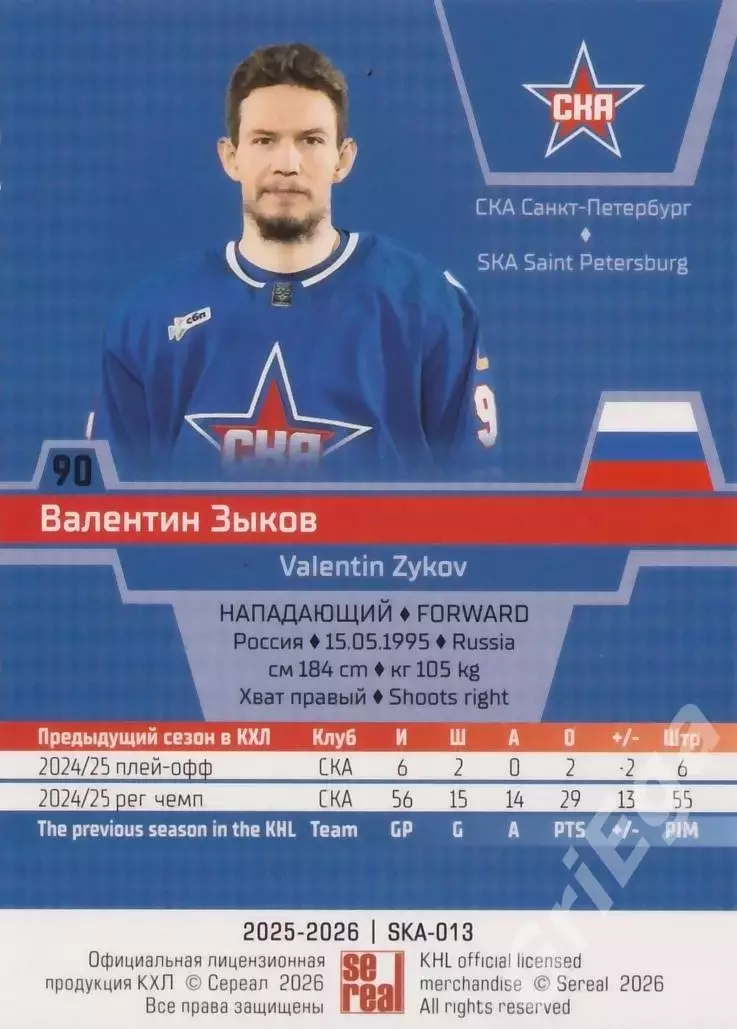 Хоккей карточка Валентин Зыков (СКА Санкт-Петербург) КХЛ SeReal 2025-26 1
