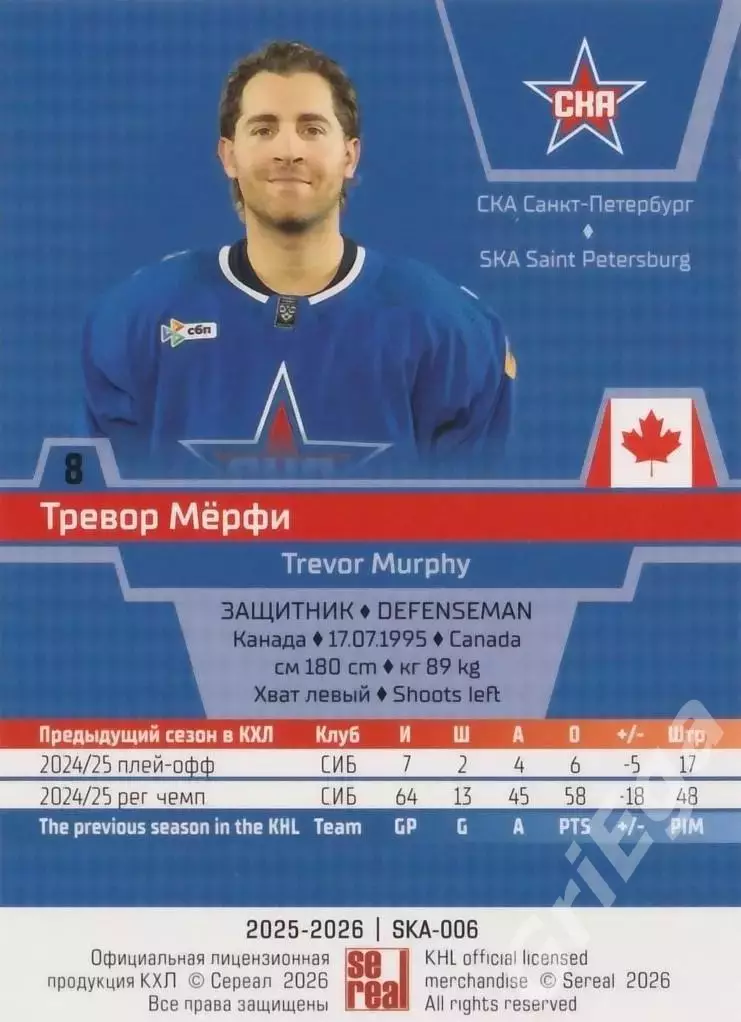 Хоккей карточка Тревор Мерфи (СКА Санкт-Петербург) КХЛ SeReal 2025-26 1