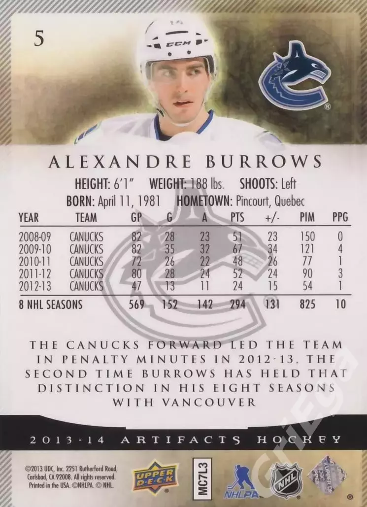 Карточка Alexandre Burrows (Vancouver Canucks) 2013-14 Upper Deck Artifacts 1