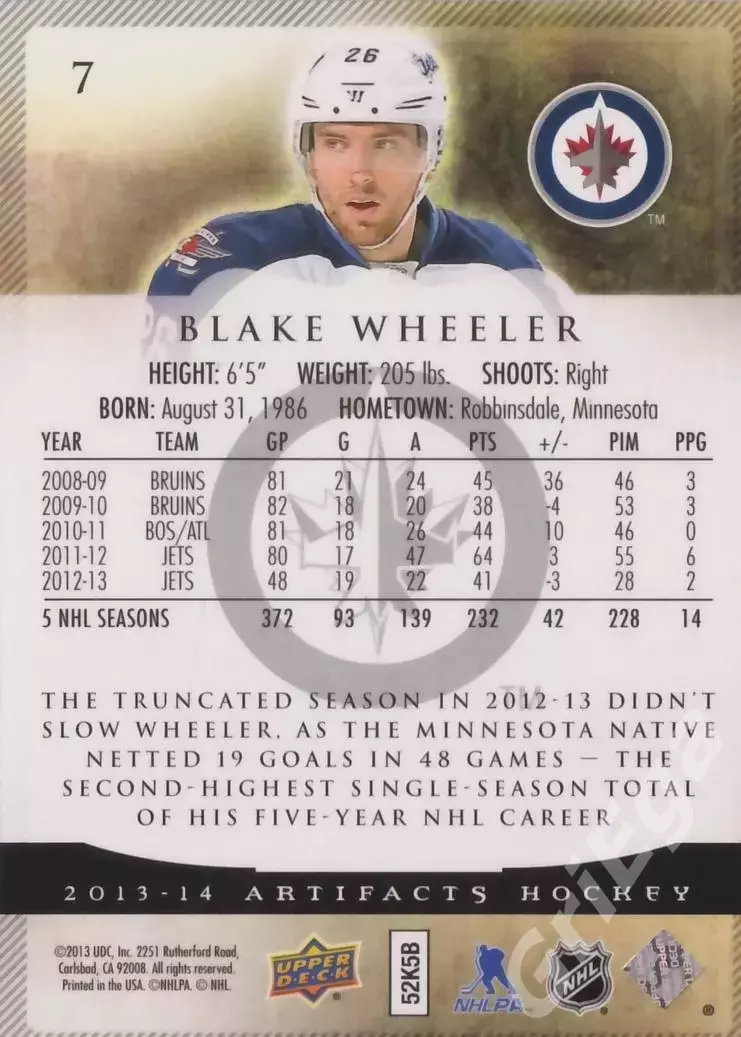 Карточка Blake Wheeler (Winnipeg Jets) 2013-14 Upper Deck Artifacts 1
