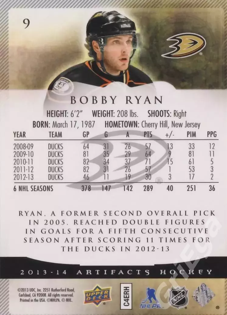 Карточка Bobby Ryan (Anaheim Ducks) 2013-14 Upper Deck Artifacts 1