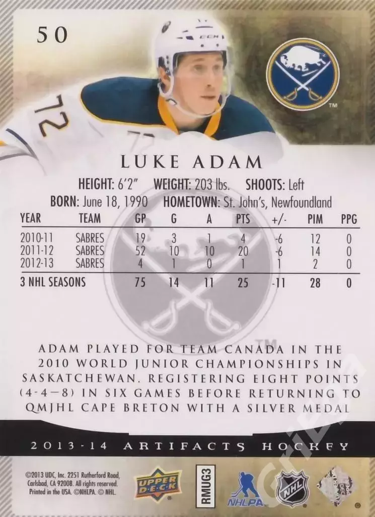 Карточка Luke Adam (Buffalo Sabres) 2013-14 Upper Deck Artifacts 1