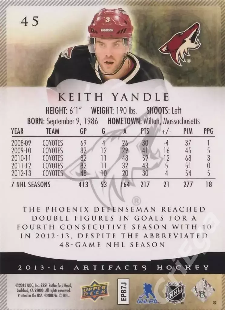 Карточка Keith Yandle (Phoenix Coyotes) 2013-14 Upper Deck Artifacts 1