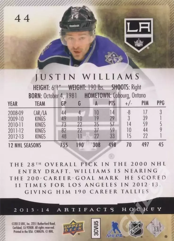 Карточка Justin Williams (Los Angeles Kings) 2013-14 Upper Deck Artifacts 1