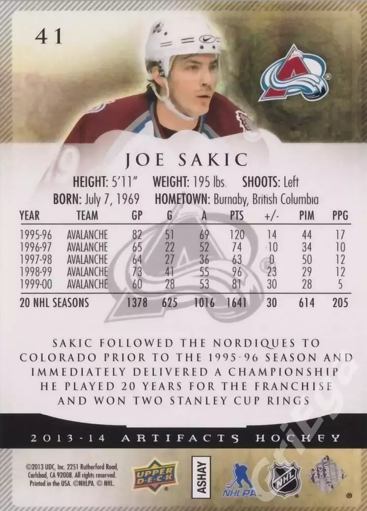 Карточка Joe Sakic/Джо Сакик (Colorado Avalanche) 2013-14 Upper Deck Artifacts 1