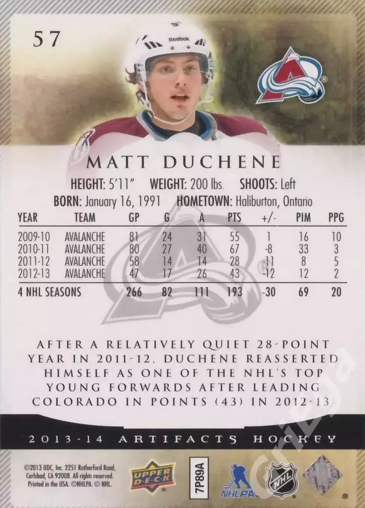 Карточка Matt Duchene (Colorado Avalanche) 2013-14 Upper Deck Artifacts 1