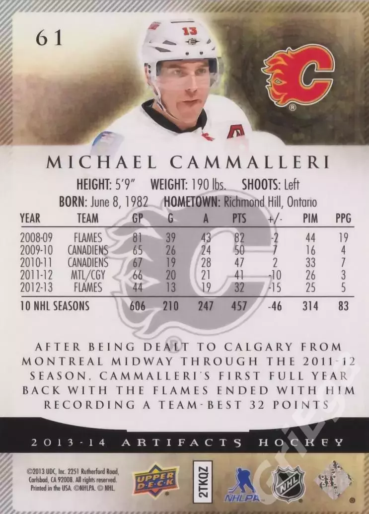 Карточка Michael Cammalleri (Calgary Flames) 2013-14 Upper Deck Artifacts 1
