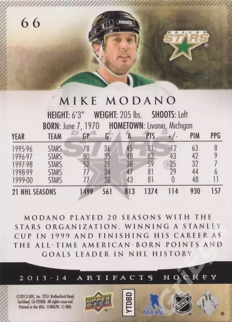 Карточка Mike Modano/Майк Модано (Dallas Stars) 2013-14 Upper Deck Artifacts 1
