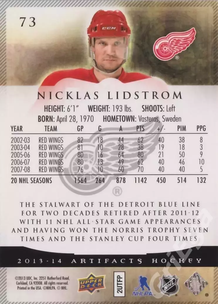 Карточка Nicklas Lidstrom (Detroit Red Wings) 2013-14 Upper Deck Artifacts 1