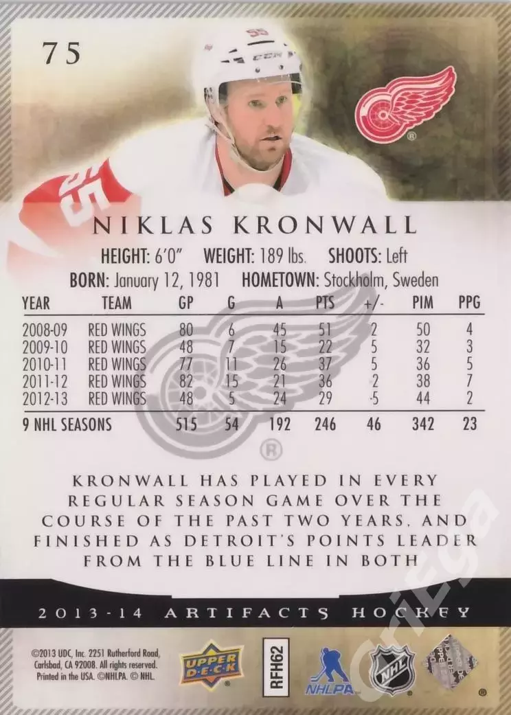 Карточка Niklas Kronwall (Detroit Red Wings) 2013-14 Upper Deck Artifacts 1