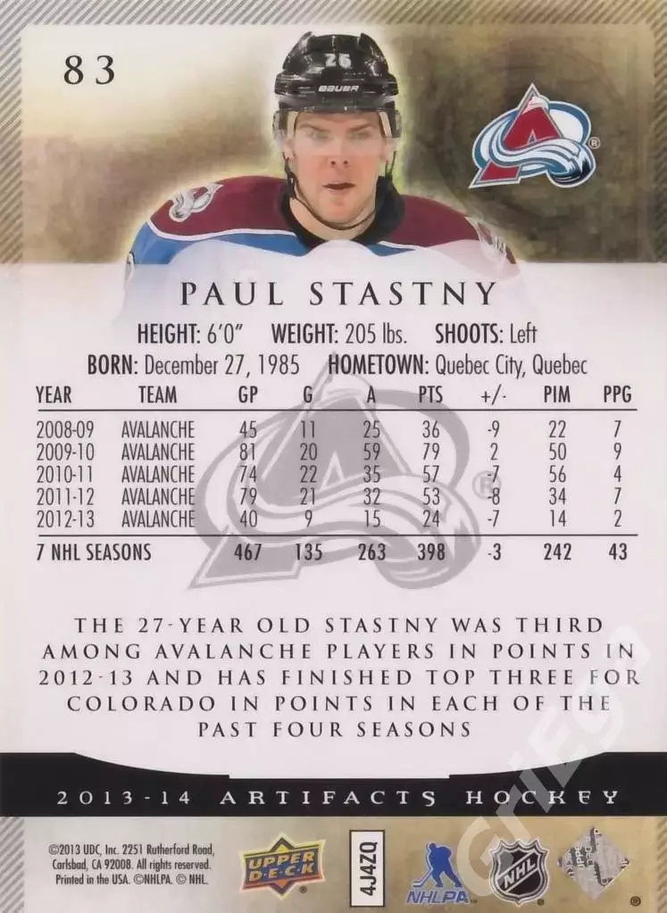 Карточка Paul Stastny (Colorado Avalanche) 2013-14 Upper Deck Artifacts 1