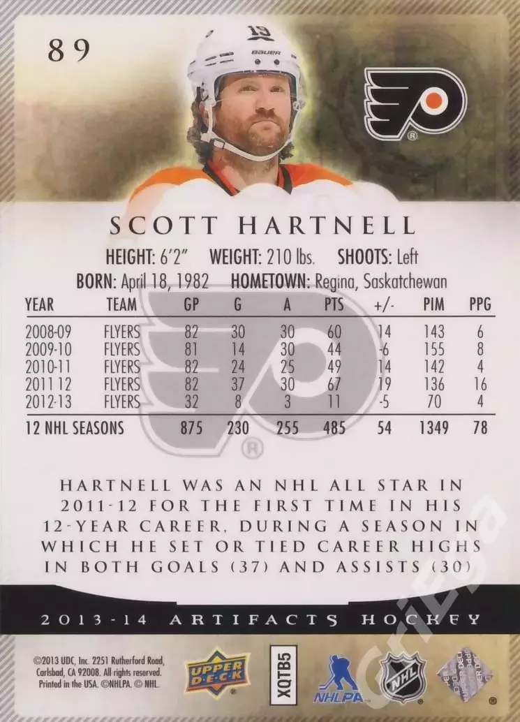 Карточка Scott Hartnell (Philadelphia Flyers) 2013-14 Upper Deck Artifacts 1