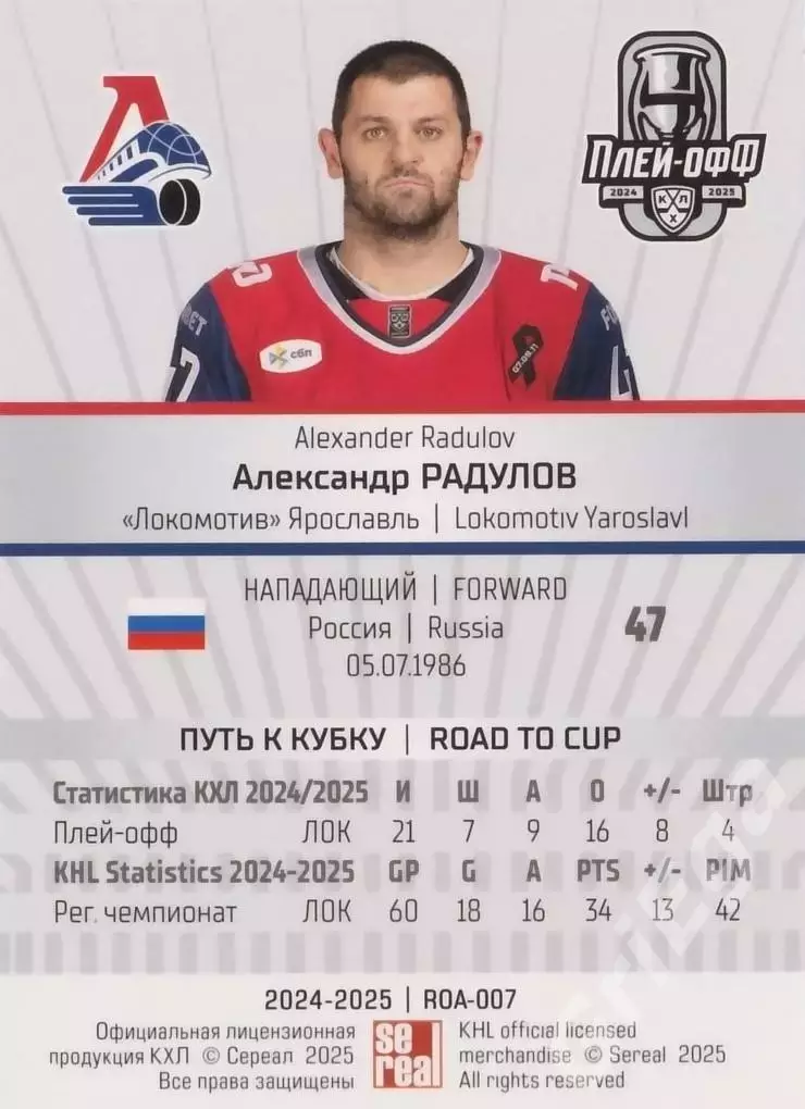 Карточка Александр Радулов (Локомотив Ярославль) КХЛ 2024/25 SeReal 1