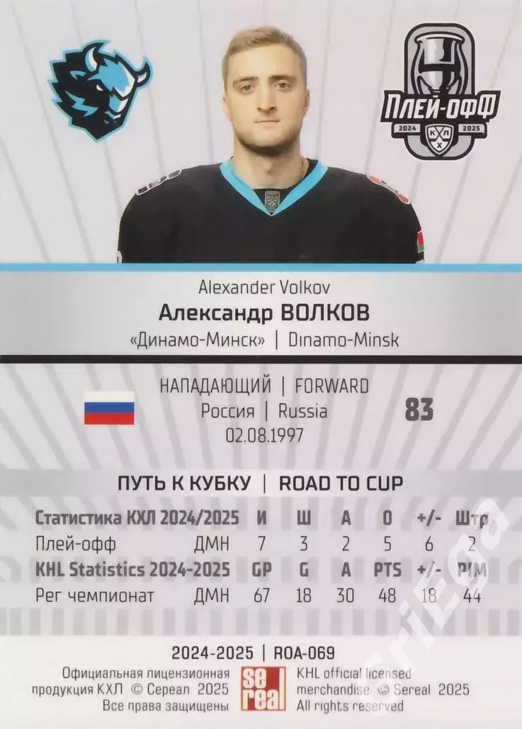 Карточка Александр Волков (Динамо Минск) КХЛ 2024/25 SeReal 1