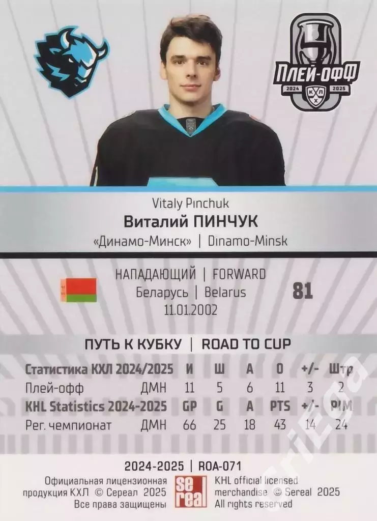Карточка Виталий Пинчук (Динамо Минск) КХЛ 2024/25 SeReal 1