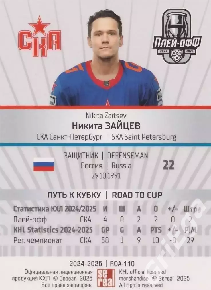 Карточка Никита Зайцев (СКА Санкт-Петербург) КХЛ 2024/25 SeReal 1
