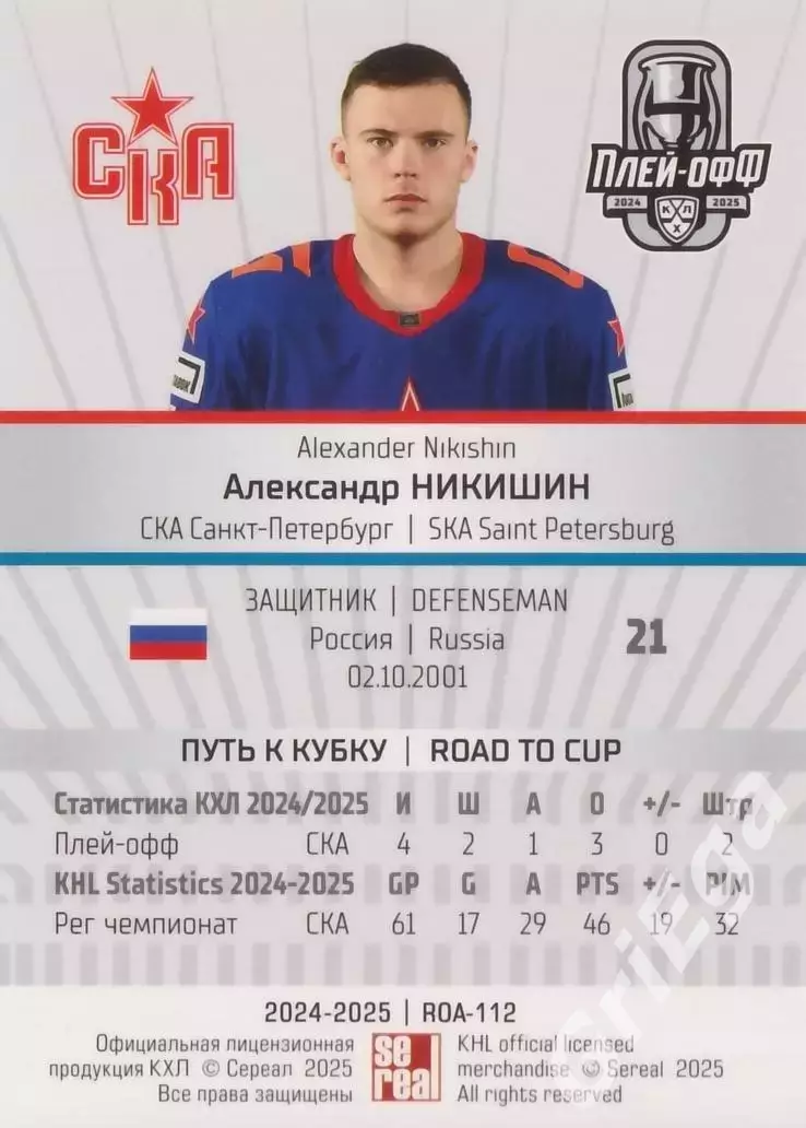 Карточка Александр Никишин (СКА Санкт-Петербург) КХЛ 2024/25 SeReal 1