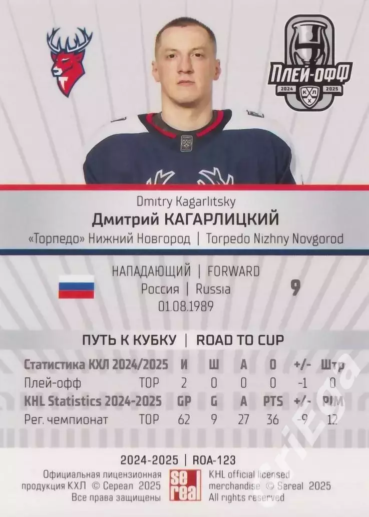 Карточка Дмитрий Кагарлицкий (Торпедо Нижний Новгород) КХЛ 2024/25 SeReal 1