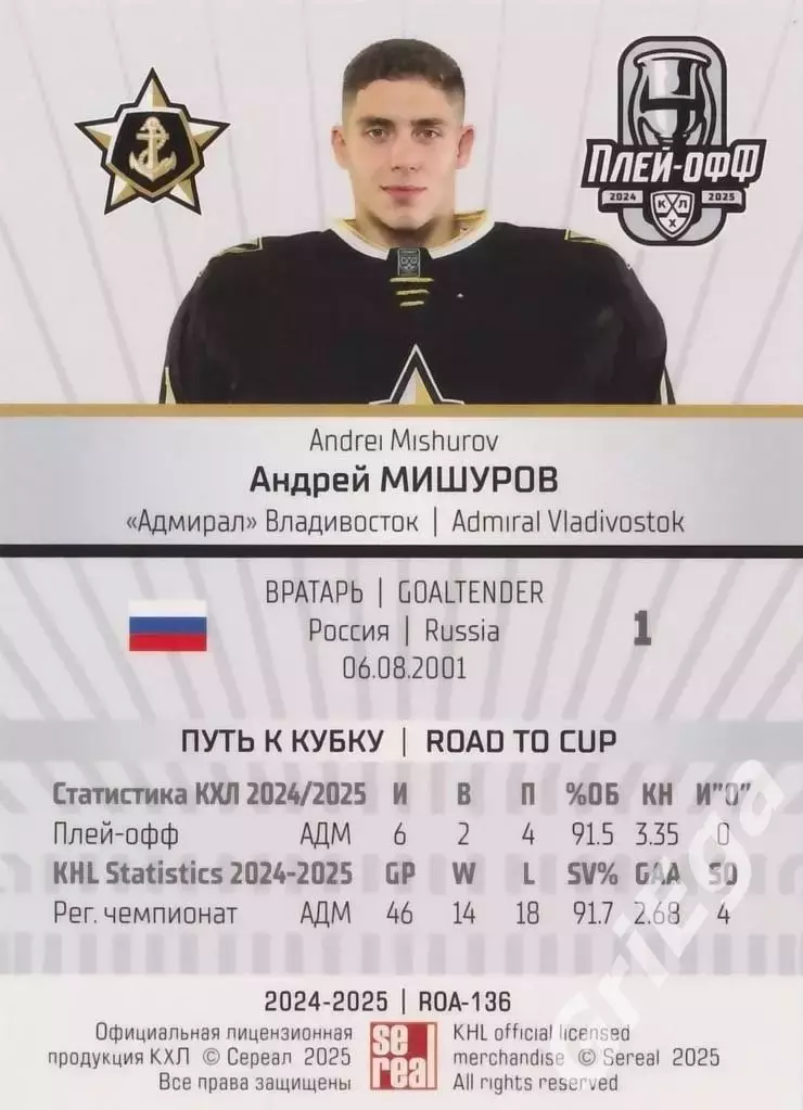Карточка Андрей Мишуров (Адмирал Владивосток) КХЛ 2024/25 SeReal 1