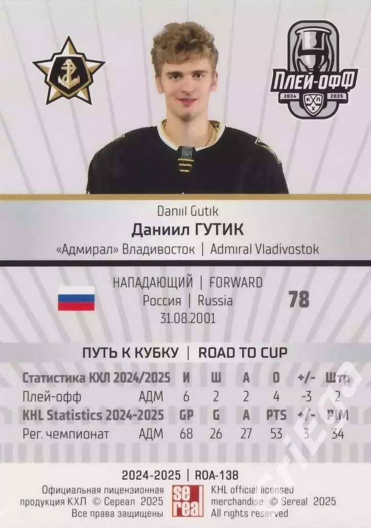 Карточка Даниил Гутик (Адмирал Владивосток) КХЛ 2024/25 SeReal 1