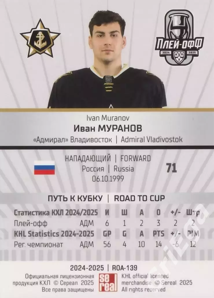 Карточка Иван Муранов (Адмирал Владивосток) КХЛ 2024/25 SeReal 1