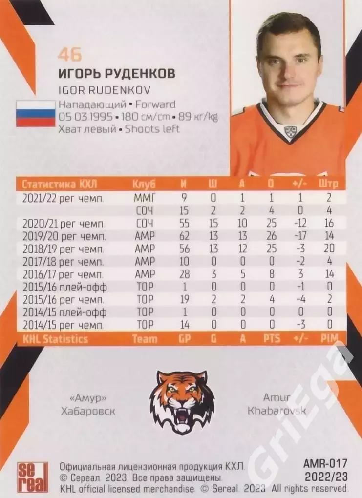 Хоккей карточка Игорь Руденков (Амур Хабаровск) КХЛ SeReal 2022/23 1