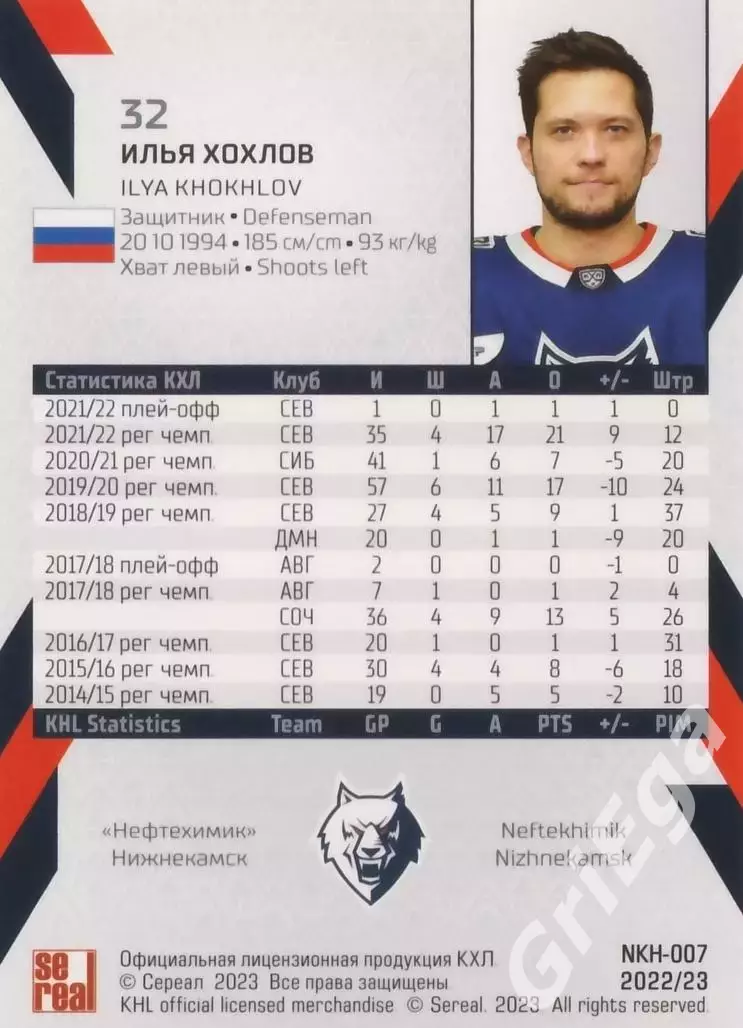 Хоккей карточка Илья Хохлов (Нефтехимик Нижнекамск) КХЛ 2022/23 SeReal 1