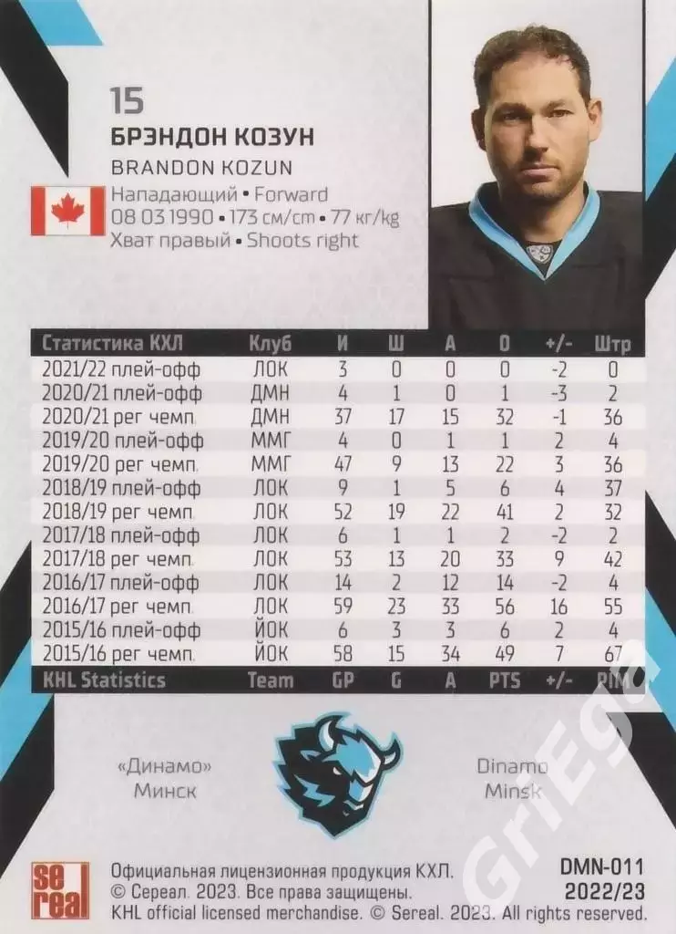 Хоккей. Карточка Брэндон Козун (Динамо Минск) 2022-23 SeReal КХЛ 1