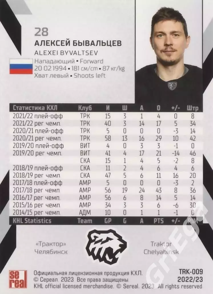 Хоккей. Карточка Алексей Бывальцев (Трактор Челябинск) КХЛ 2022/23 SeReal 1