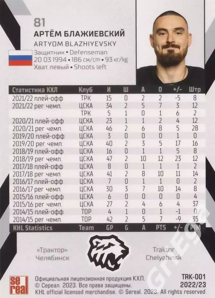 Хоккей. Карточка Артём Блажиевский (Трактор Челябинск) КХЛ 2022/23 SeReal 1