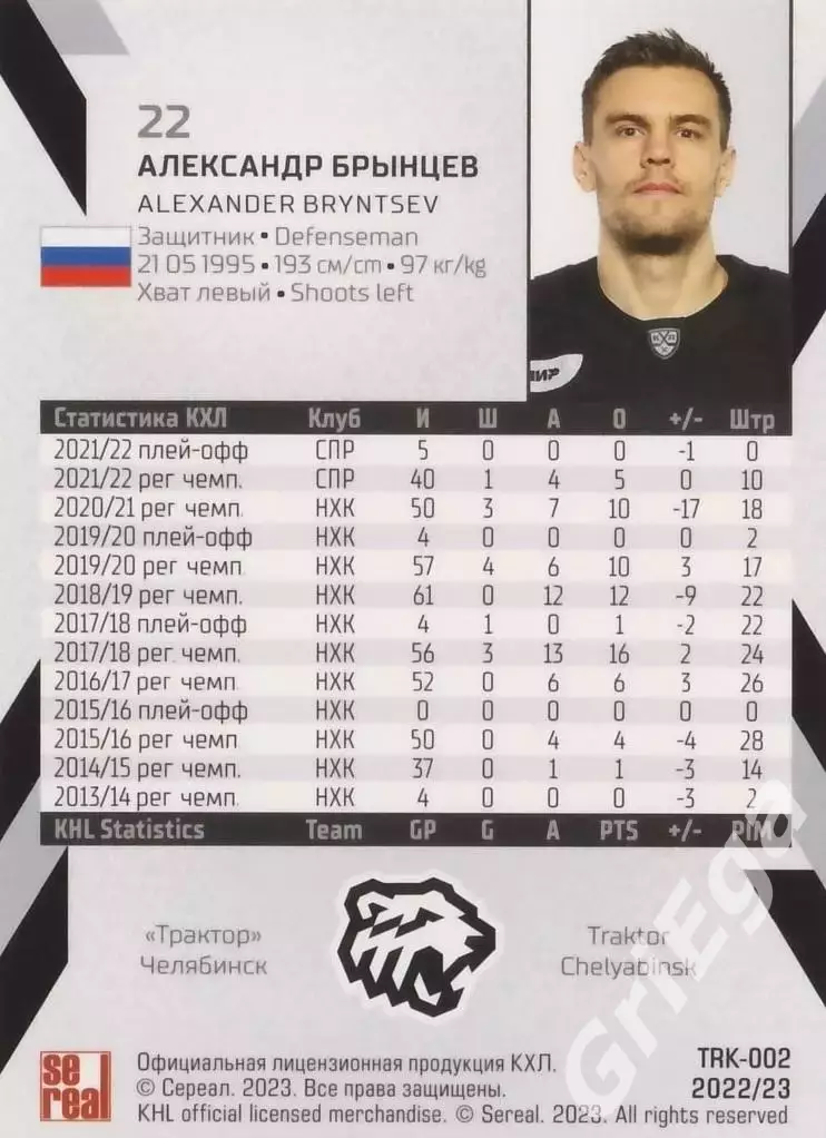 Хоккей. Карточка Александр Брынцев (Трактор Челябинск) КХЛ 2022/23 SeReal 1