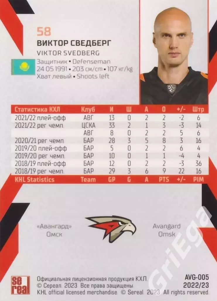 Хоккей. Карточка Виктор Сведберг (Авангард Омск) КХЛ 2022/23 SeReal 1
