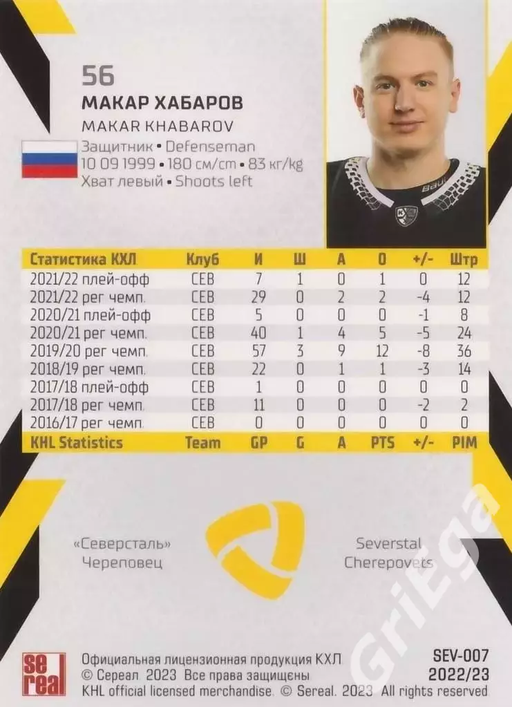 Хоккей. Карточка Макар Хабаров (Северсталь Череповец) КХЛ 2022/23 SeReal 1