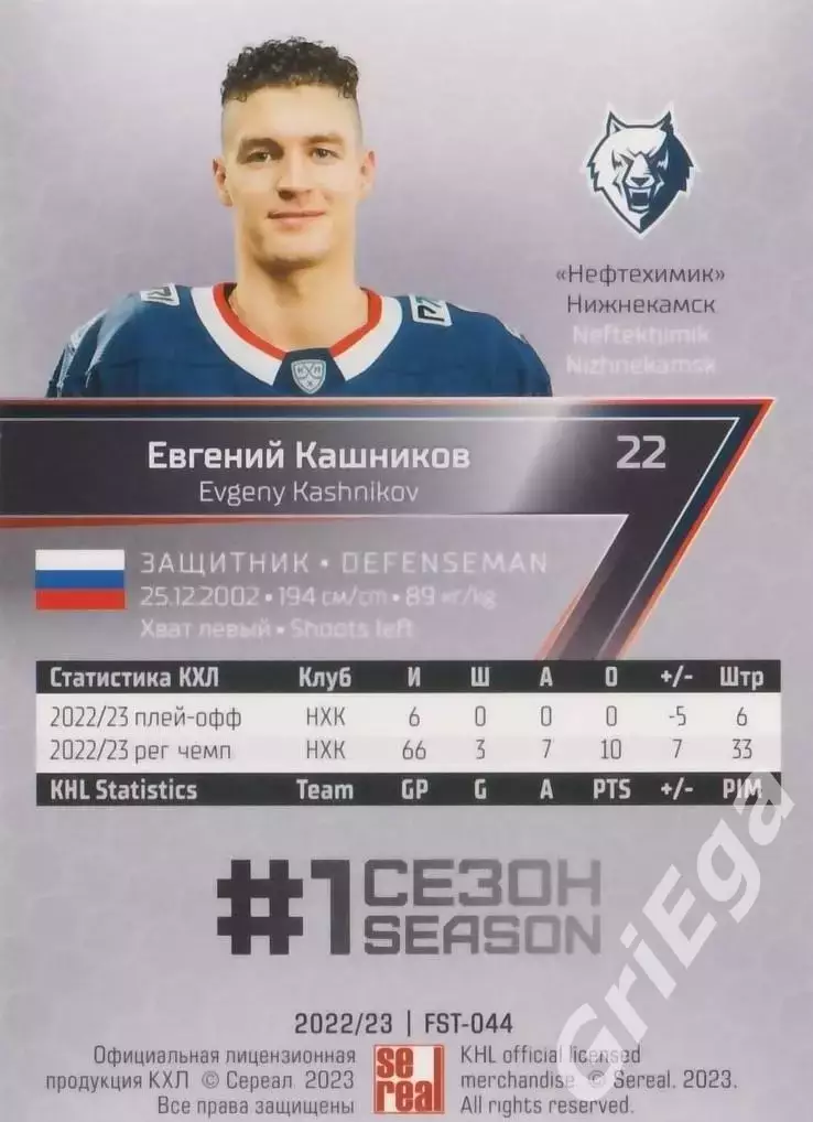Карточка Евгений Кашников (Нефтехимик Нижнекамск) 2022-23 SeReal КХЛ Premium 1