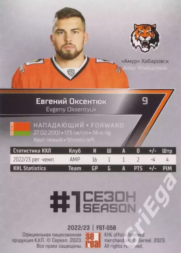 Хоккей. Карточка Евгений Оксентюк (Амур Хабаровск) 2022-23 SeReal КХЛ Premium 1