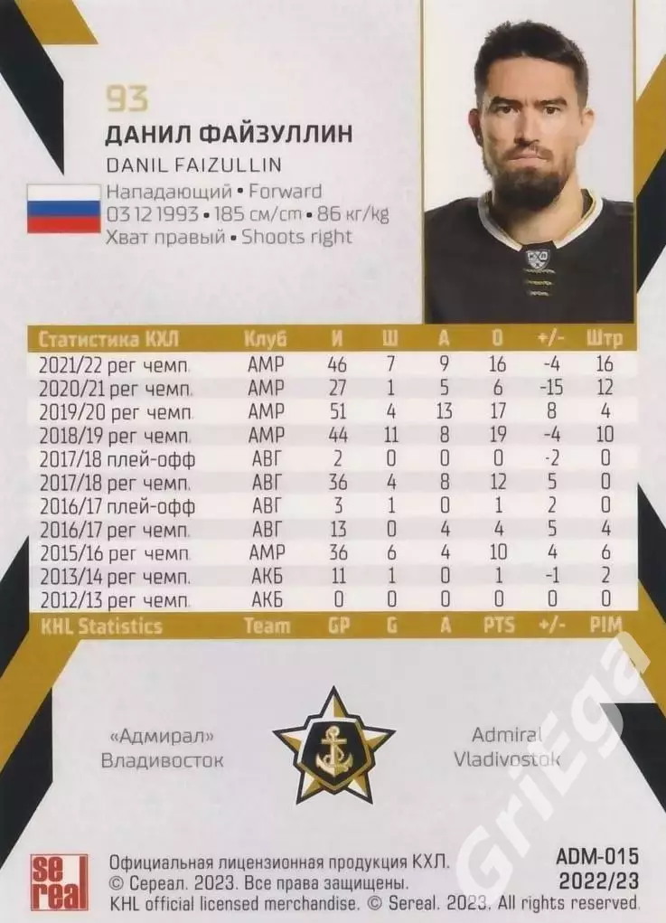 Хоккей. Карточка Данил Файзуллин (Адмирал Владивосток) SeReal КХЛ 2022/23 1