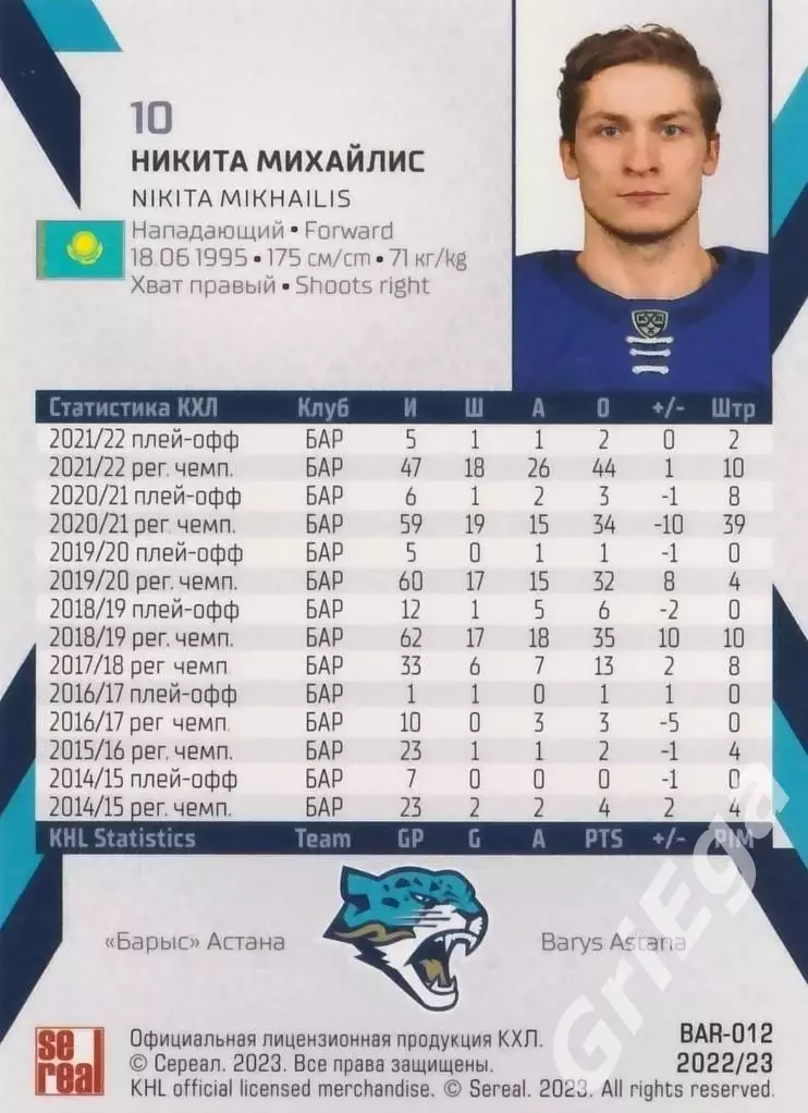 Хоккей. Карточка Никита Михайлис (Барыс Астана) SeReal КХЛ 2022/23 1