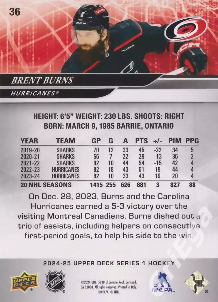 2024/25 Upper Deck Hockey #36 Brent Burns (Carolina Hurricanes) 1