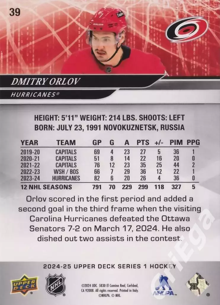 2024/25 Upper Deck Hockey #39 Dmitry Orlov/Дмитрий Орлов (Carolina Hurricanes) 1