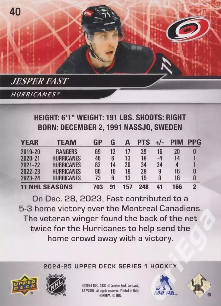 2024/25 Upper Deck Hockey #40 Jesper Fast (Carolina Hurricanes) 1