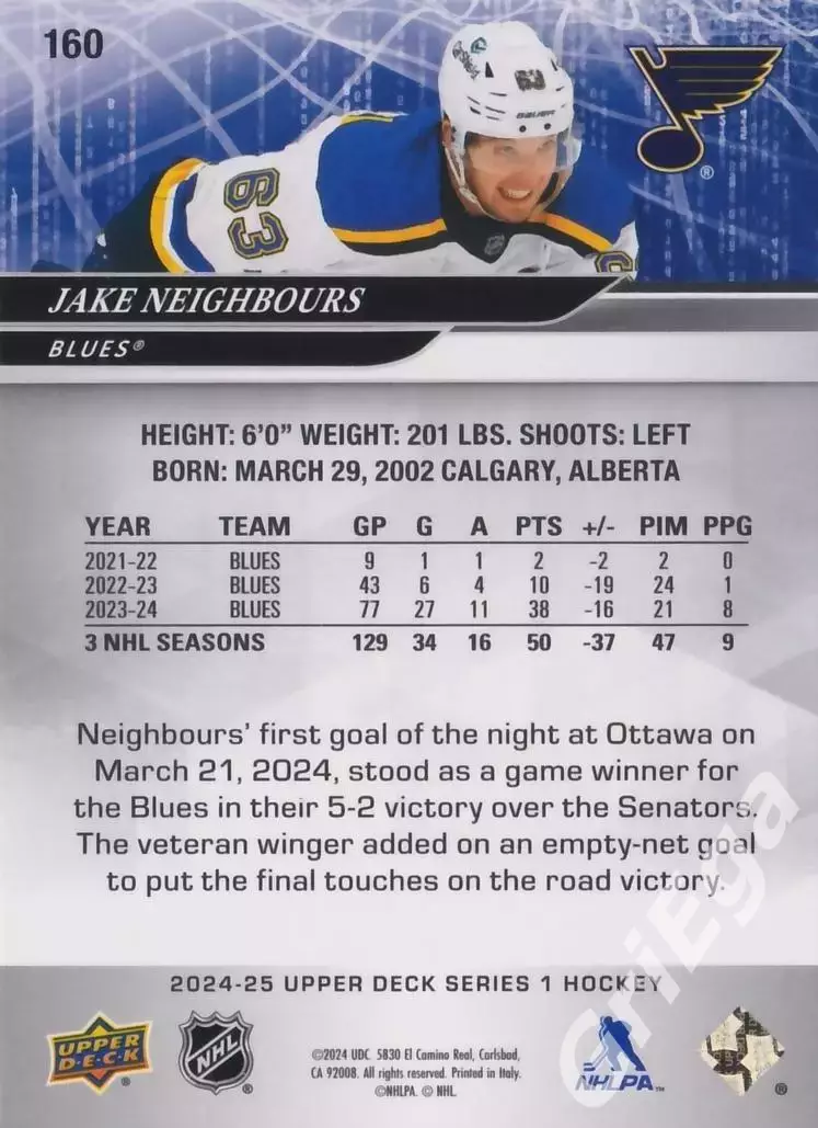2024/25 Upper Deck Hockey #160 Jake Neighbours (St. Louis Blues) 1