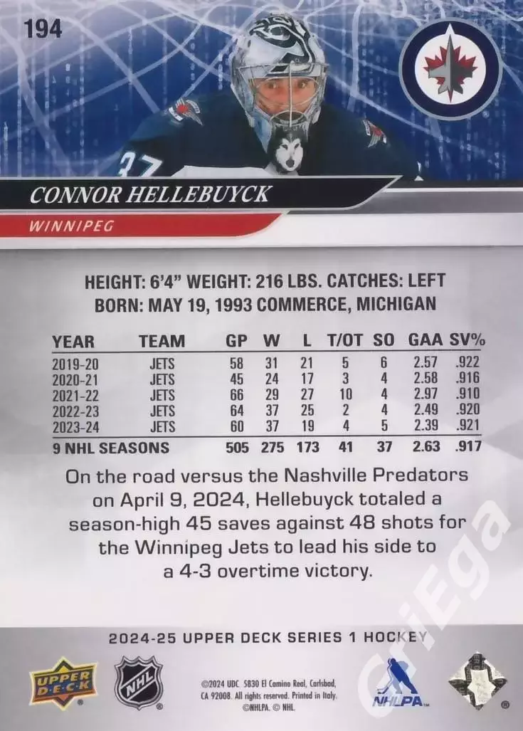 2024/25 Upper Deck Hockey #194 Connor Hellebuyck (Winnipeg Jets) 1