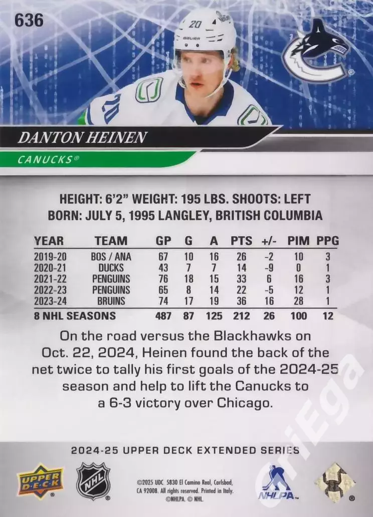 2024/25 Upper Deck Hockey #636 Danton Heinen (Vancouver Canucks) 1