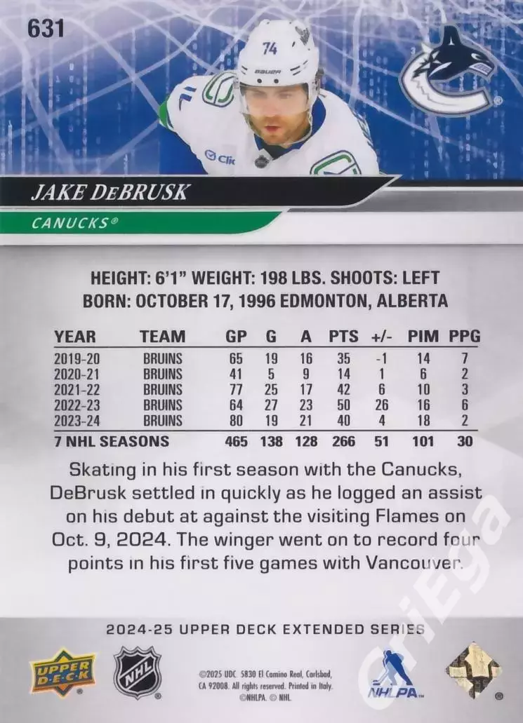 2024/25 Upper Deck Hockey #631 Jake DeBrusk (Vancouver Canucks) 1