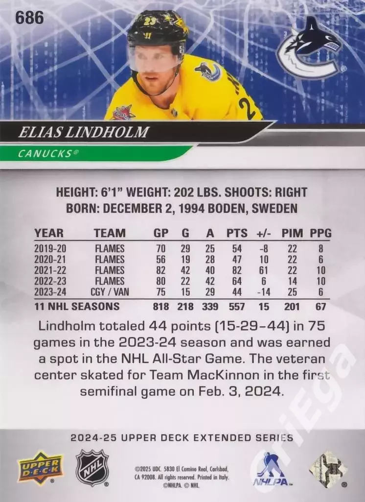 2024/25 Upper Deck Hockey #686 Elias Lindholm (Vancouver Canucks) 1