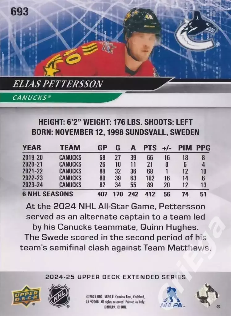 2024/25 Upper Deck Hockey #693 Elias Pettersson (Vancouver Canucks) 1