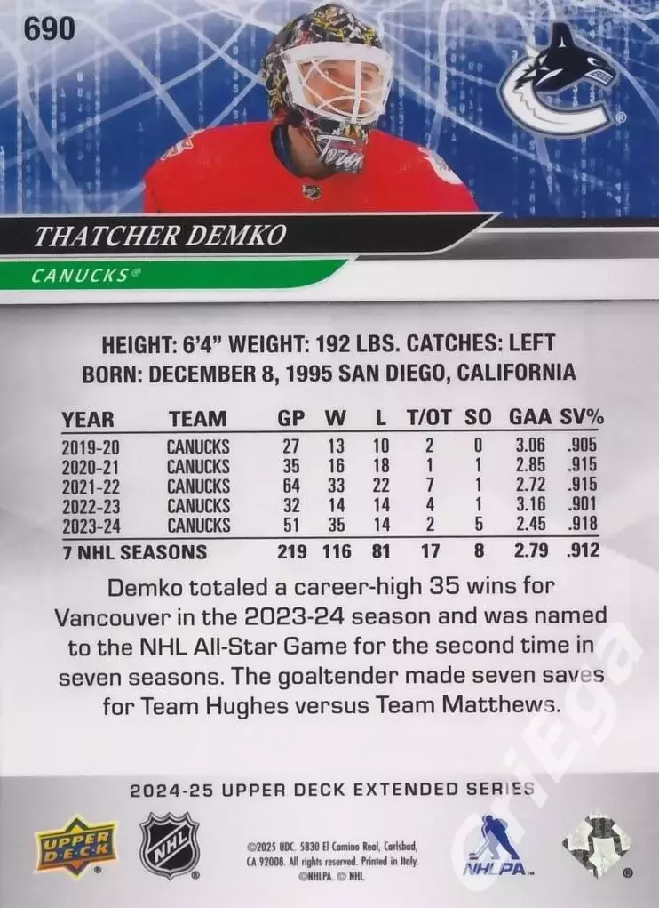 2024/25 Upper Deck Hockey #690 Thatcher Demko (Vancouver Canucks) 1