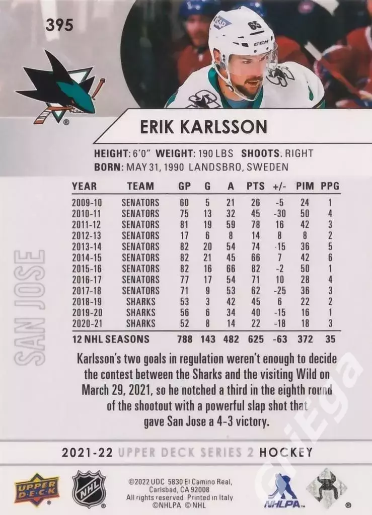 2021/22 Upper Deck Hockey #395 Erik Karlsson (San Jose Sharks) 1